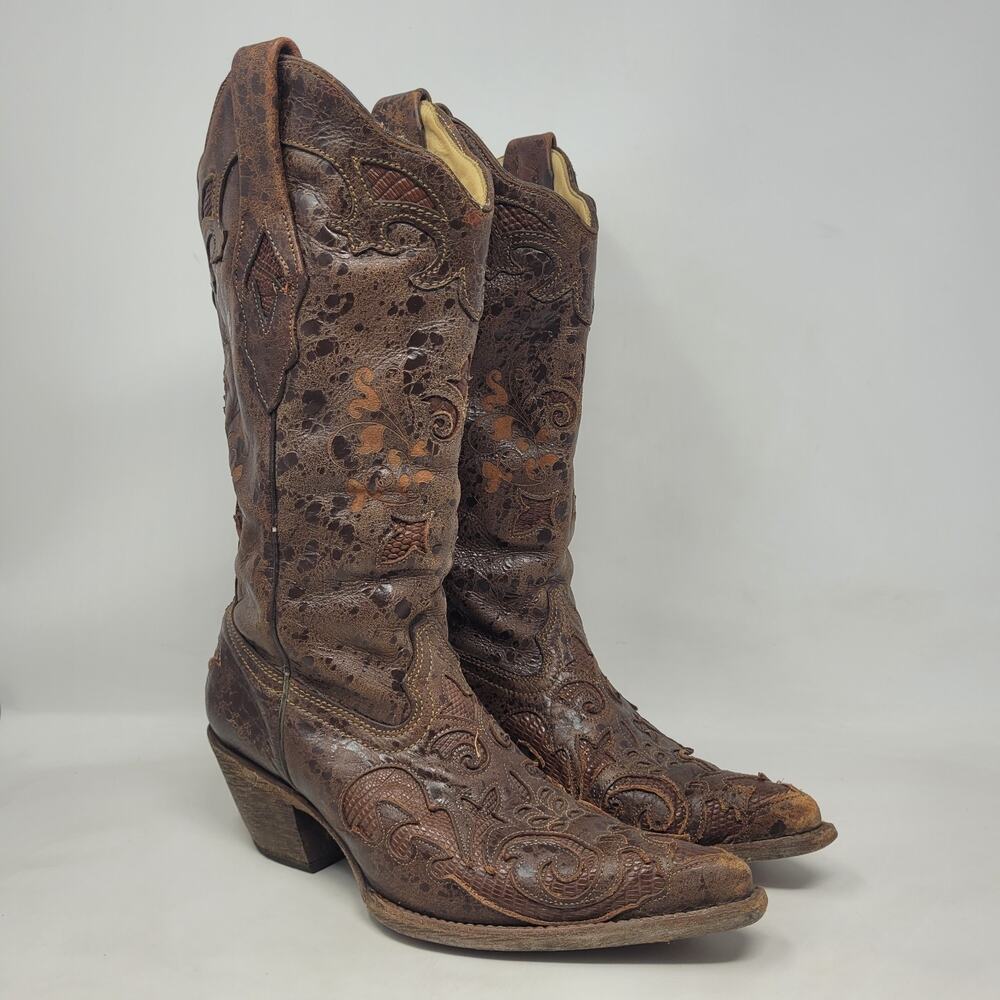 Corral Boots 6.5 Brown Lizard Leather Inlay Snip Toe Cowgirl Western Rodeo C2109 - Picture 1 of 13